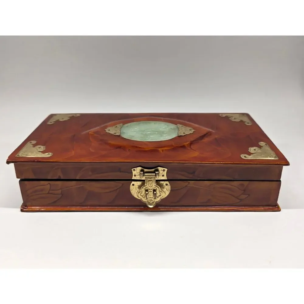 Vintage Chinese Wooden Jewelry Box Brass Hardware Jade Stone Inlay Red Lined